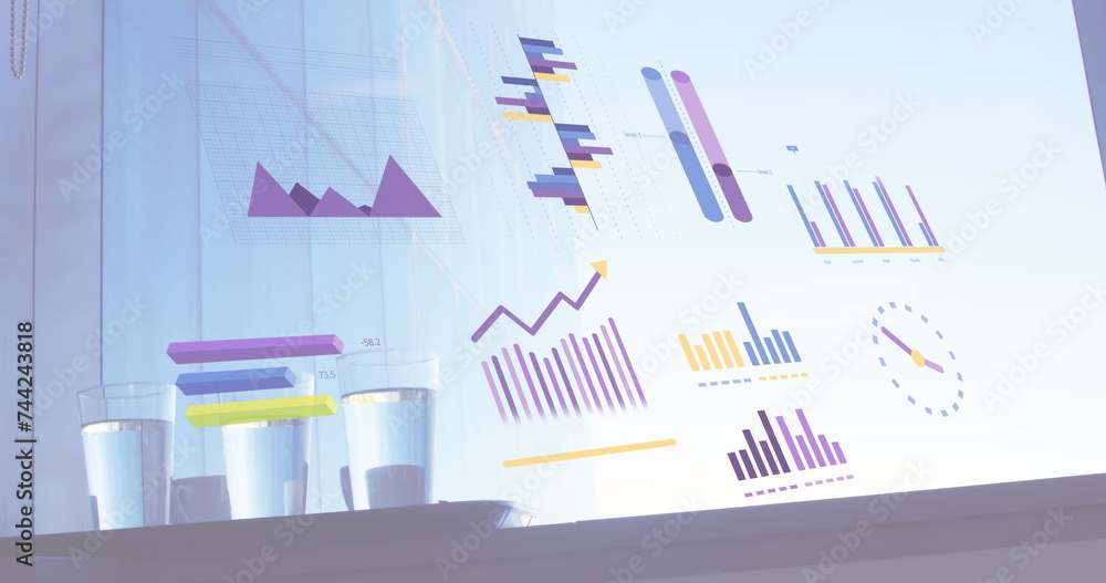 Poster image of statistics and financial data processing over desk with glasses of water