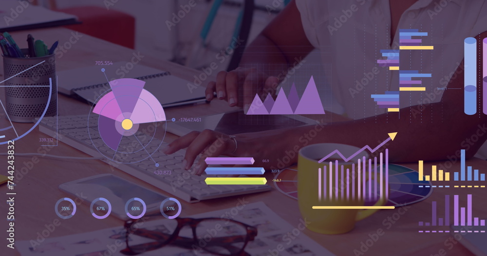 Poster image of statistics and financial data processing over businesswoman using computer