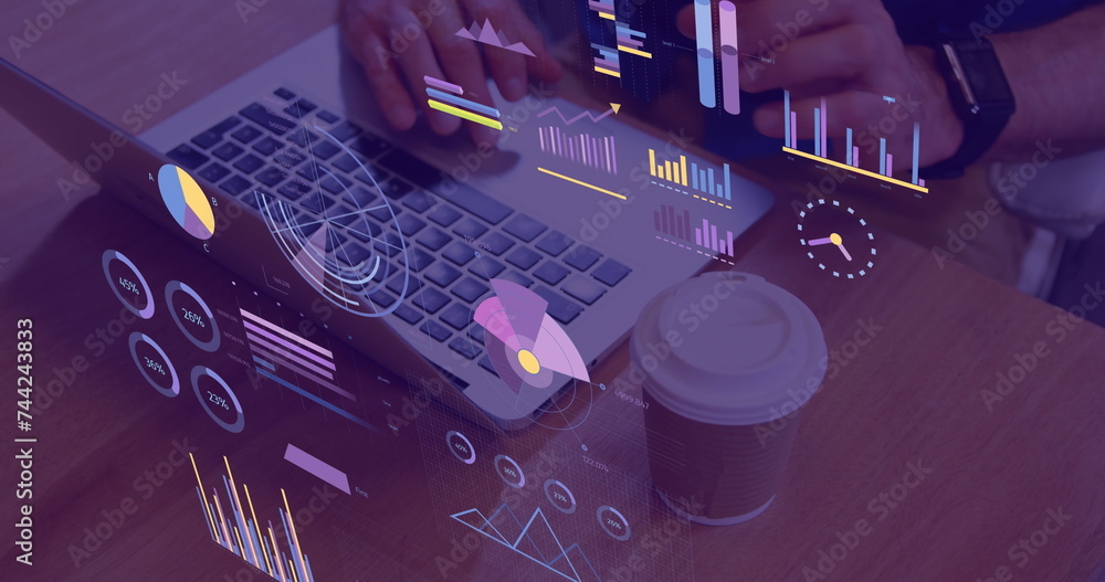 Poster image of statistics and financial data processing over caucasian man using laptop