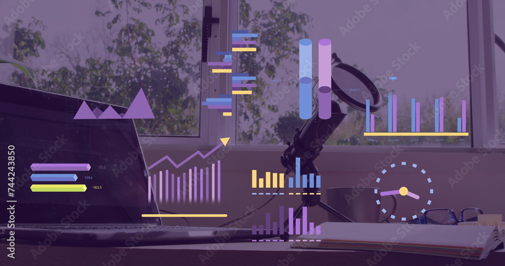 Poster image of statistics, graphs and financial data processing over laptop with blank screen