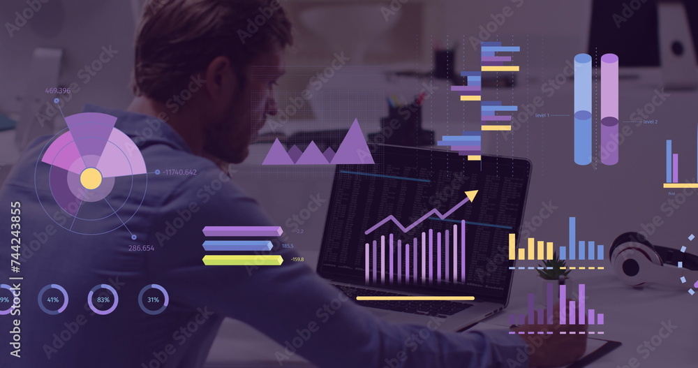 Poster image of statistics and financial data processing over caucasian man using laptop