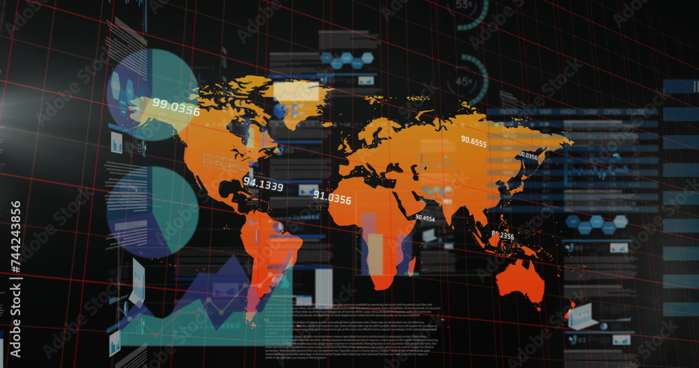 Poster image of graphs, data and world map on black digital screen