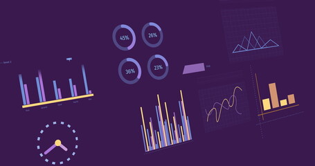 Image of statistics and financial data processing over purple background