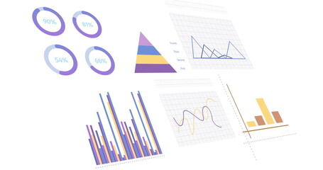 Image of statistics, graphs and financial data processing over white background