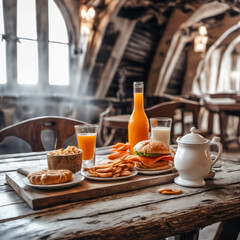 Within a dimly lit, smoky ship cabin, a simple breakfast awaits. Warm croissants, steaming coffee, and fresh fruit rest on a rustic wooden table. Soft, vintage light cuts through the gloom. Ideal for 