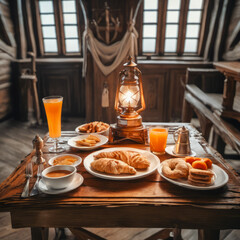 A ship cabin, shrouded in smoke and dim light, reveals a rustic wooden table. Warm croissants, steaming coffee, and fresh fruit create a cozy breakfast scene illuminated by soft, vintage light. Perfec