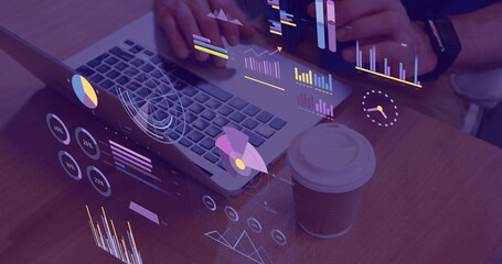 Image of statistics and financial data processing over caucasian man using laptop