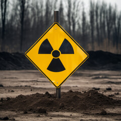 radiation warning sign and dead trees on the background