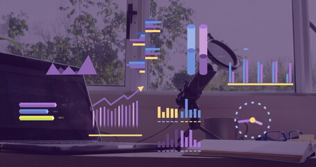 Image of statistics, graphs and financial data processing over laptop with blank screen