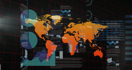 Image of graphs, data and world map on black digital screen
