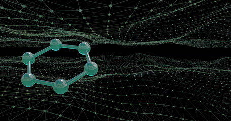 Image of 3d micro of molecules and mesh of connections on black background