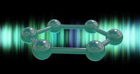 Image of 3d micro of molecules over green light trails on black background
