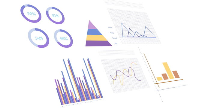 Image of statistics, graphs and financial data processing over white background