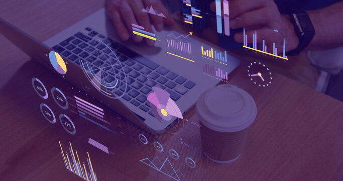 Image of statistics and financial data processing over caucasian man using laptop