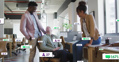 Image of social media data processing over diverse business people in office