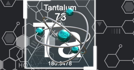 Image of micro of atom models and tantalum symbol over black background