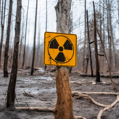 radiation warning sign and dead trees on the background

