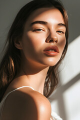 Portrait of young beautiful woman with sunlight shadow. Girl posing in the studio. Fashion model.