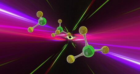 Image of 3d micro of molecules and light trails on black background