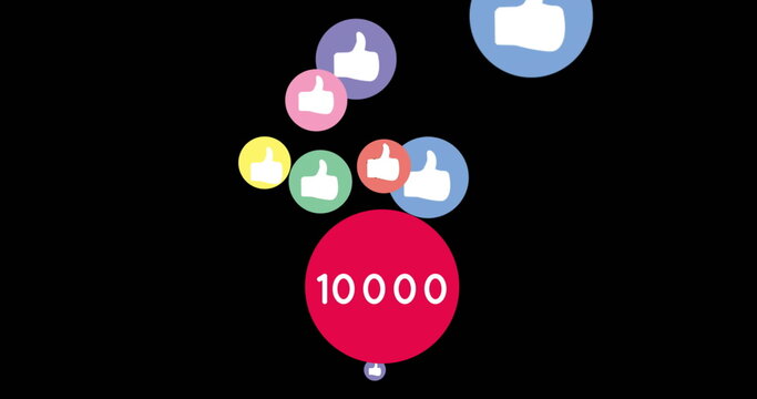 Image of colourful like icons flying up with numbers going up to ten thousand on a pink dot on a bla