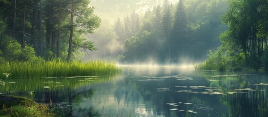 This photo captures a beautiful lake nestled within a lush forest, with an abundance of trees surrounding it, creating a stunning natural scene.