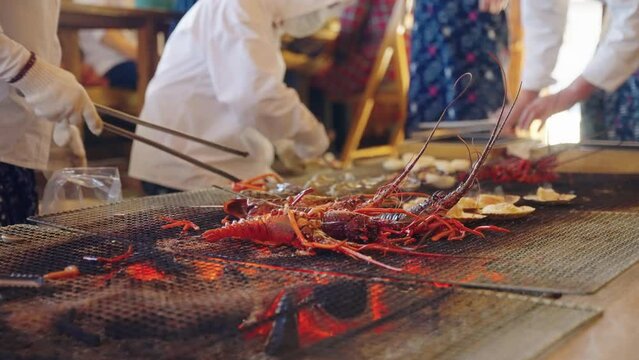 Japanese Spiny Lobsters Being Grilled by Ama Divers in Osatsu Seaside Hut, Toba