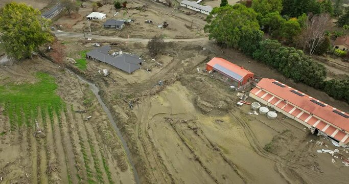 Rural farm land destroyed by cyclone Gabrielle in New Zealand, aerial