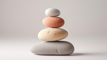 Stack of zen stones on beige background.