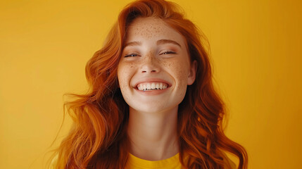 Joyful Young Woman with Red Wavy Hair and Freckles in Stylish T-shirt, Beaming Happily against Vibrant Yellow Background