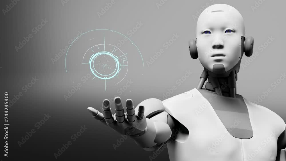 Poster robot prototype cyborg holding on palm hand holographic contactless panel board in 3d rendering anim
