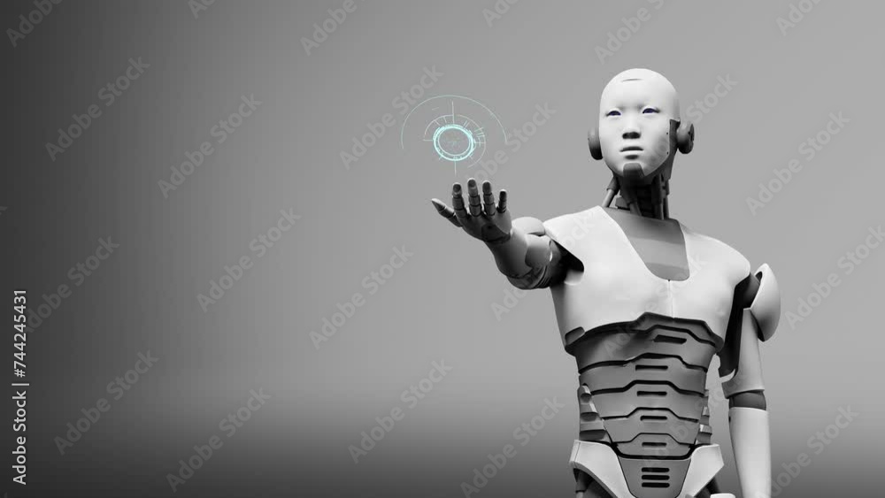 Poster futuristic humanoid robot prototype cyborg with holographic hologram infographic in 3d rendering ani