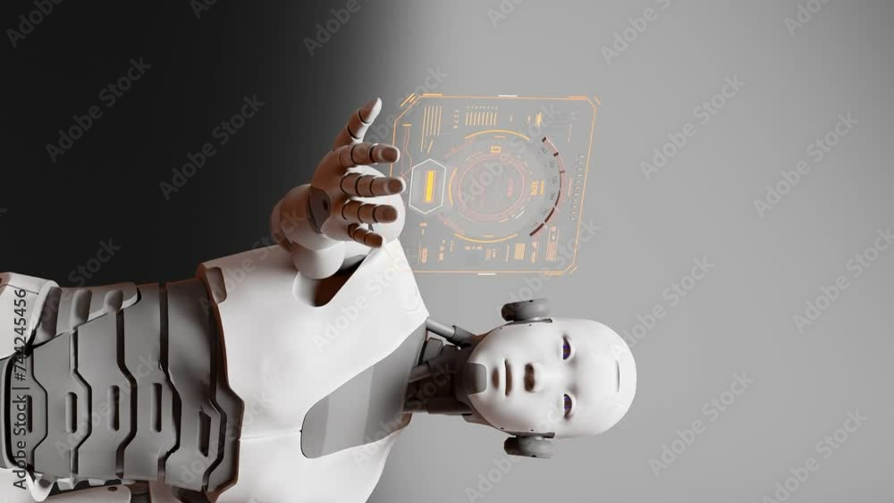 Poster robot prototype cyborg holding on palm hand holographic contactless panel board in vertical 3d rende