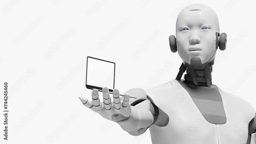 Poster robot humanoid prototype cyborg holding modern laptop with black white screen over palm hand artific