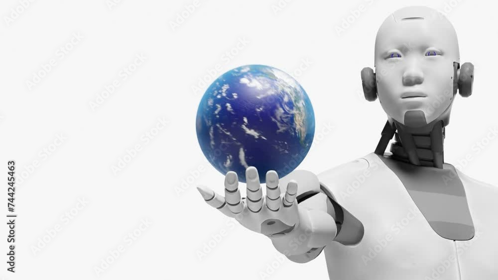 Poster robot humanoid prototype cyborg holding over palm head the globe planet earth artificial intelligenc