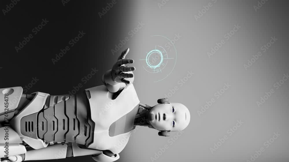 Poster vertical of robot prototype cyborg holding on palm hand holographic contactless panel board in 3d re