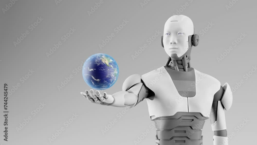Poster artificial intelligence taking over concept, humanoid cyborg robot holding globe planet earth over h