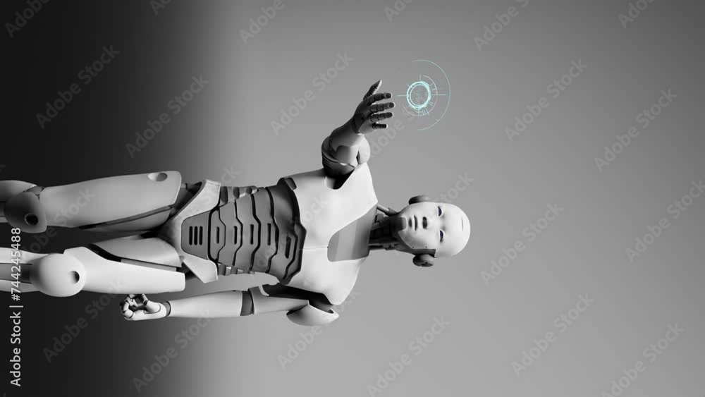 Poster vertical futuristic humanoid robot prototype cyborg with holographic hologram infographic in 3d rend