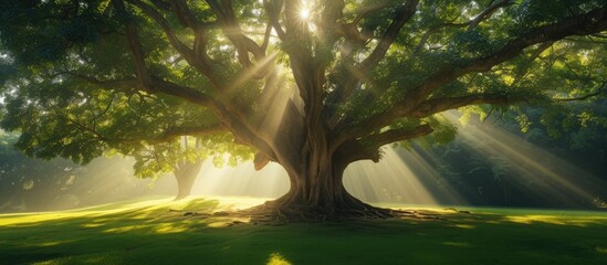 A captivating big tree at a public park, bathed in sunlight, with mesmerizing sunbeams shining through its lush leaves.