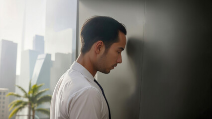 Man in white shirt in office standing with his head against wall, dead end situation, deadlock, with copy space