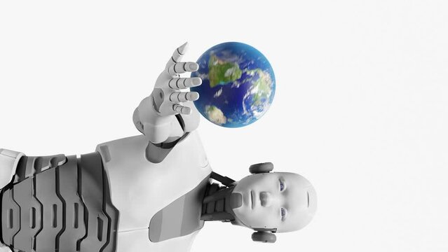 Vertical of robot humanoid prototype cyborg holding over the palm hand the globe planet earth artificial intelligence taking over concept in 3d rendering animation 