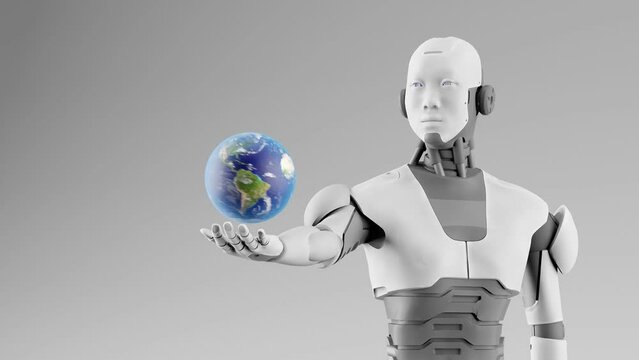 Artificial intelligence taking over concept, humanoid cyborg robot holding globe planet earth over his palm hand conquering the world in futuristic scenario 