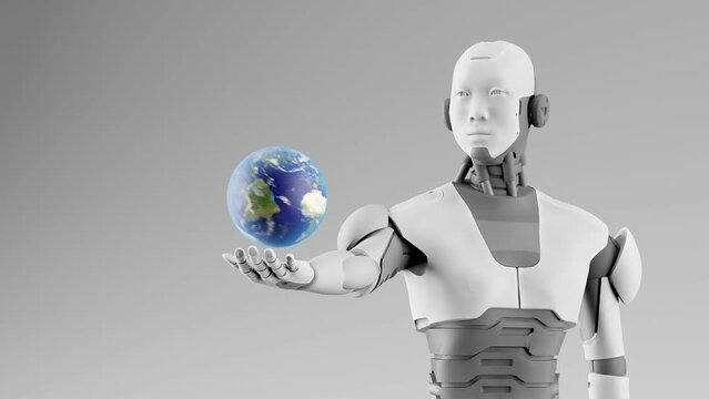humanoid cyborg robot holding globe planet earth rotating over his palm hand, Artificial intelligence taking over concept, animation 3d rendering 