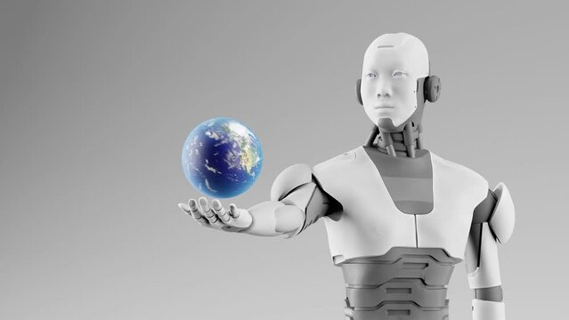 robot prototype cyborg holding over palm hand the globe planet earth artificial intelligence taking over concept in 3d rendering animation 