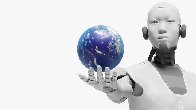 robot humanoid prototype cyborg holding over palm head the globe planet earth artificial intelligence taking over concept in 3d rendering animation 