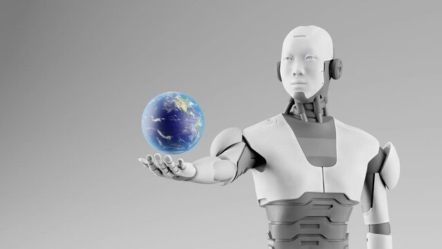 Artificial intelligence taking over concept, humanoid cyborg robot holding globe planet earth over his palm hand in 3d rendering animation