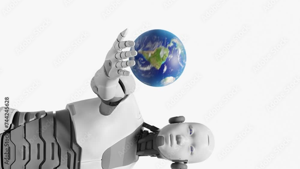 Poster artificial intelligence taking over concept, humanoid cyborg robot holding globe planet earth rotati