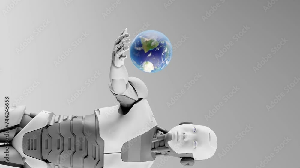 Poster artificial intelligence global taking over, humanoid cyborg robot holding globe planet earth over hi