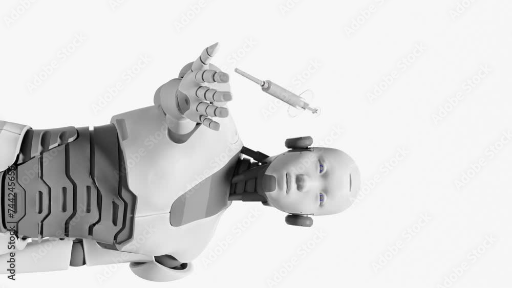 Poster artificial intelligence taking over on medical hospital task, robot prototype cyborg holding a syrin