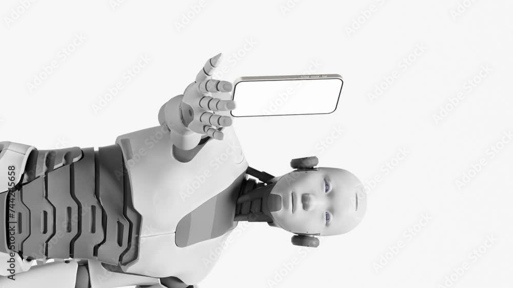 Poster artificial intelligence taking over concept, robot humanoid prototype holding on palm hands a modern