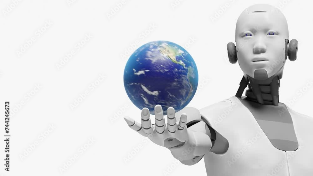 Poster artificial intelligence taking over globe earth planet rotate over palm hand of a humanoid cyborg pr